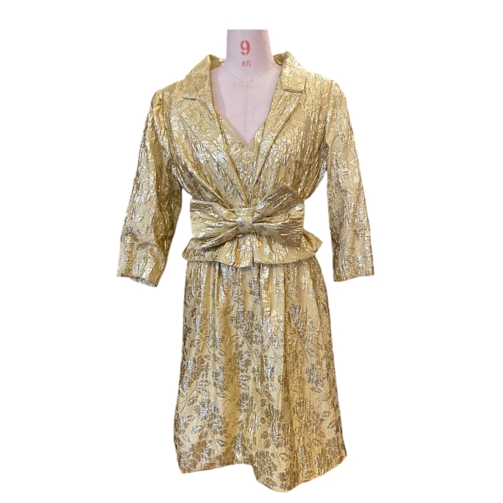 True Vintage 1960s 3-Piece Set, 60s Metallic Gold Lurex Floral Brocade Dress - Picture 3 of 10